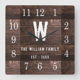 Rustic Personalised Wood Monogrammed Family Name Square Wall Clock