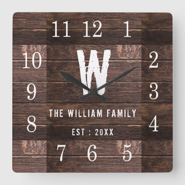 Rustic Personalised Wood Monogrammed Family Name Square Wall Clock (Front)
