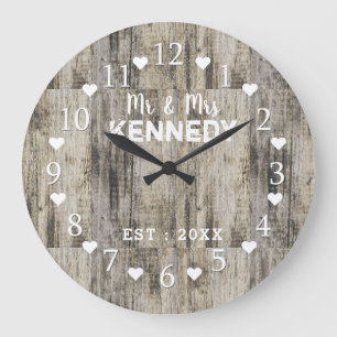 Rustic Personalized Brown Barn Wood Wedding Large Clock