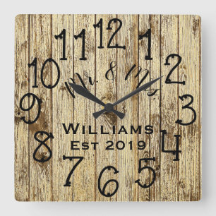 Rustic Personalized Brown Wood Custom Square Wall Clock