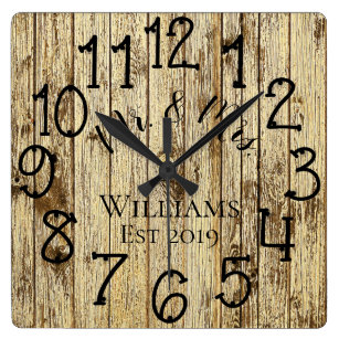 Rustic Personalized Brown Wood Custom Square Wall Clock