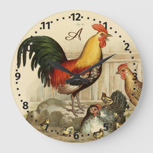 Rustic Personalized Colorful Rooster chicken Round Large Clock (Front)