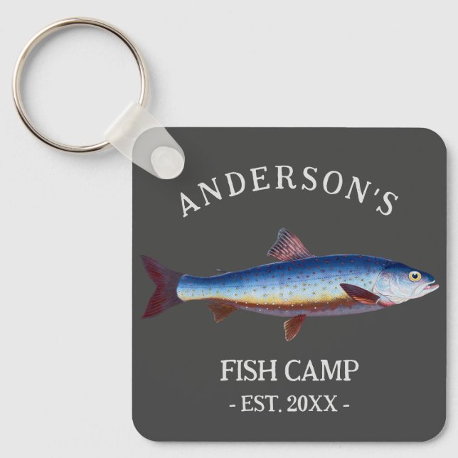 Rustic Personalized Fishing Cabin Key Ring (Front)