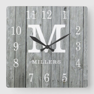 Rustic Personalized Gray Wood Farmhouse Monogram Square Wall Clock