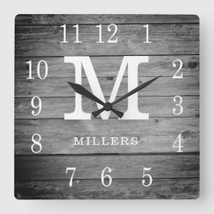 Rustic Personalized Grey Wood Farmhouse Monogram Square Wall Clock