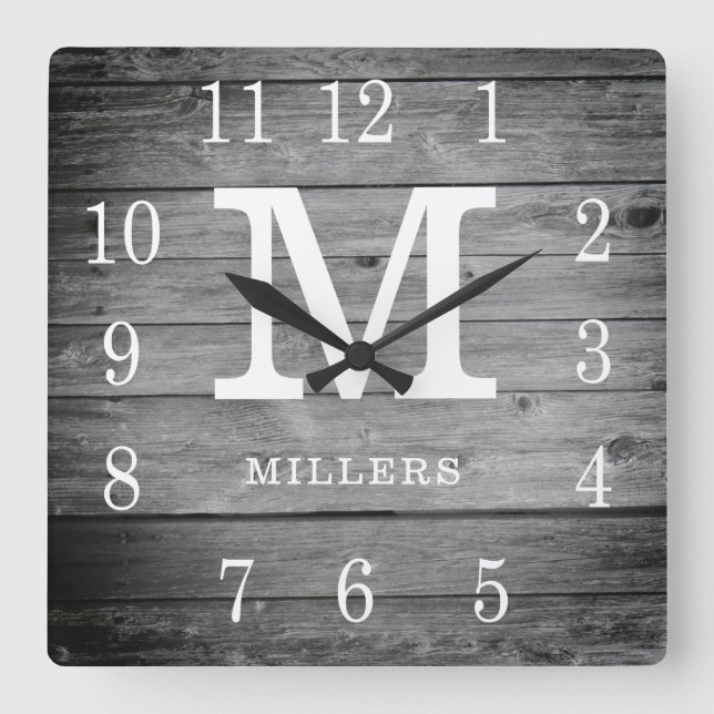 Rustic Personalized Grey Wood Farmhouse Monogram Square Wall Clock (Front)