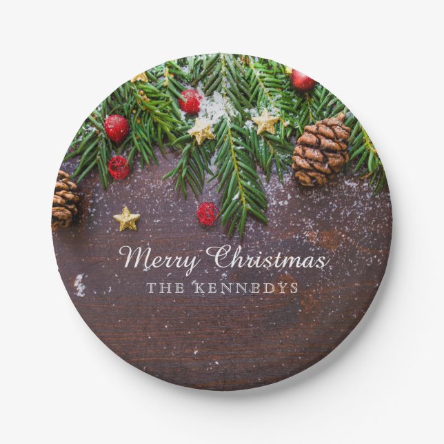 Rustic Personalized Merry Christmas Paper Plate (Front)