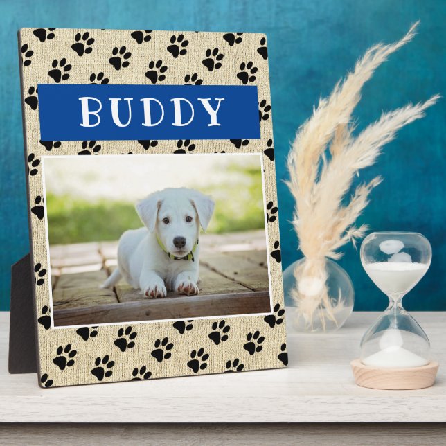 Rustic Pet Dog Photo Paw Prints Blue Keepsake Plaque (Side)