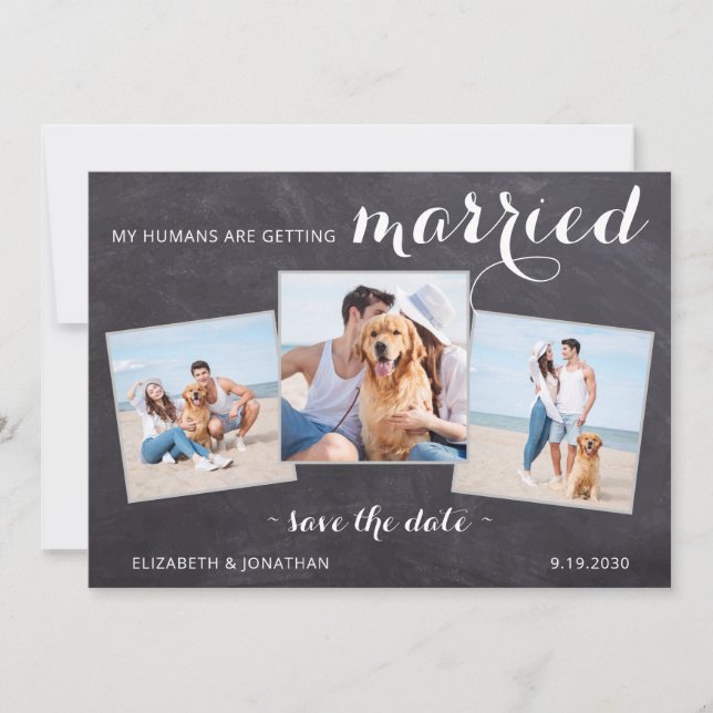 Rustic Pet Dog Wedding Personalised 3 Photo Save The Date (Front)
