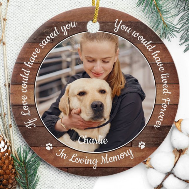 Rustic Pet Memorial Dog 2 Photo Sympathy Ceramic Ornament (Creator Uploaded)