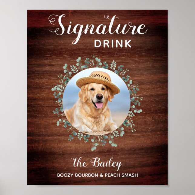 Rustic Pet Wedding Photo Dog Bar Signature Drinks Poster (Front)