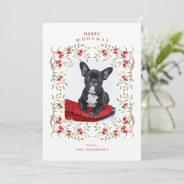 Rustic Pet Woodland Antler and Berry Wreath Photo Holiday Card (Standing Front)