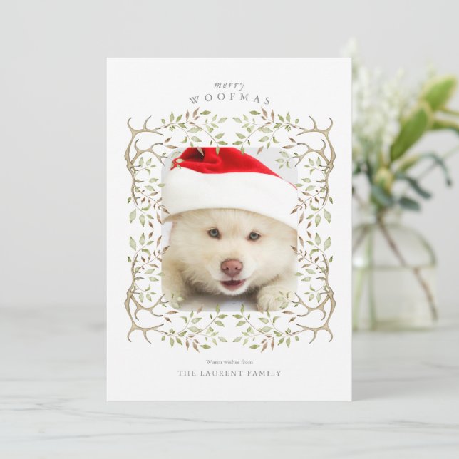 Rustic Pet Woodland Antler Wreath Photo Holiday Card (Standing Front)