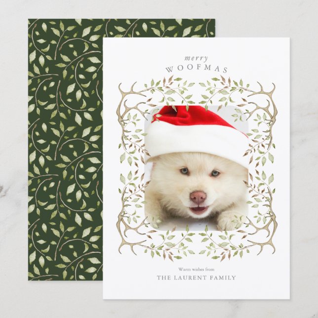 Rustic Pet Woodland Antler Wreath Photo Holiday Card (Front/Back)