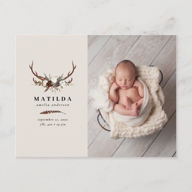 Rustic photo birth announcement postcard (Front)