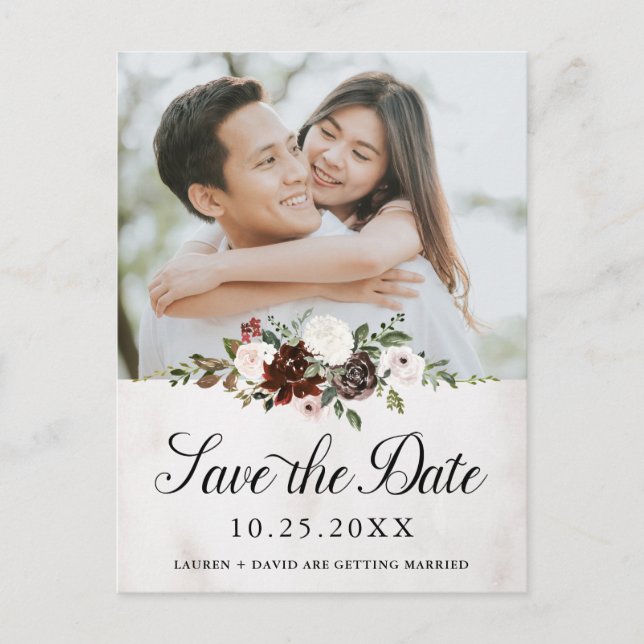 Rustic Photo Burgundy Rose Floral Save the Date Announcement Postcard (Front)