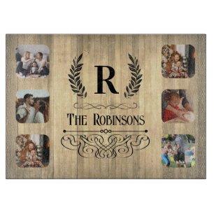 Rustic Photo Collage Family name & Monogram Cuttin Cutting Board