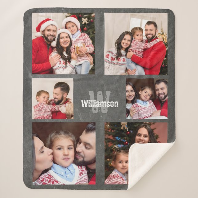 Rustic Photo Collage Monogram Modern Chalkboard Sherpa Blanket (Front)