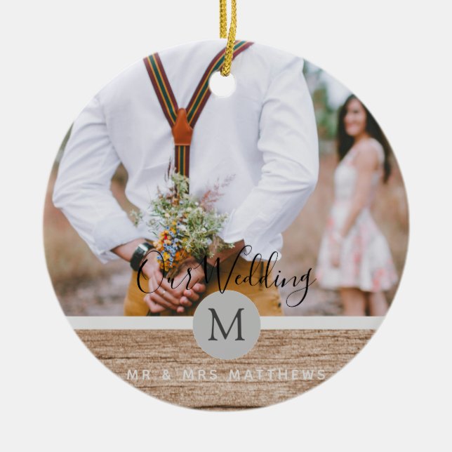 Rustic Photo Collage Monogram NEWLYWEDS WEDDING Ceramic Ornament (Front)