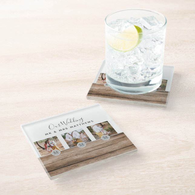 Rustic Photo Collage Monogram NEWLYWEDS WEDDING Glass Coaster (Angled)