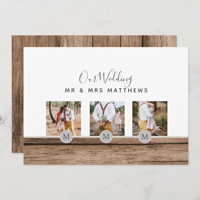 Rustic Photo Collage Monogram NEWLYWEDS WEDDING Invitation (Front/Back)
