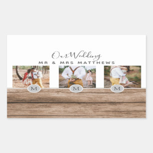 Rustic Photo Collage Monogram NEWLYWEDS WEDDING Rectangular Sticker