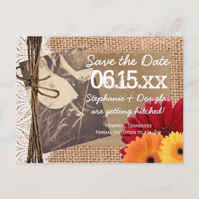 Rustic Photo Daisies Save the Date Postcards (Front)