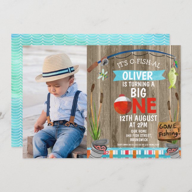 Rustic Photo O-Fish-Ally One Birthday Invitation (Front/Back)