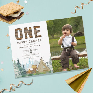 Rustic Photo One Happy Camper Birthday  Invitation