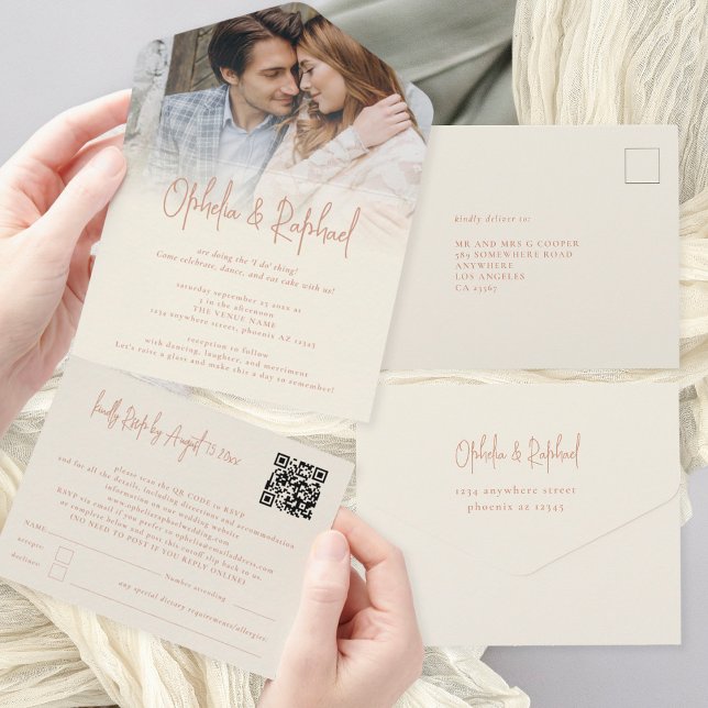 Rustic Photo Overlay QR Code Cream Wedding All In One Invitation (Convenient All-in-one invitation and RSVP. Option to add individual recipients name and address)