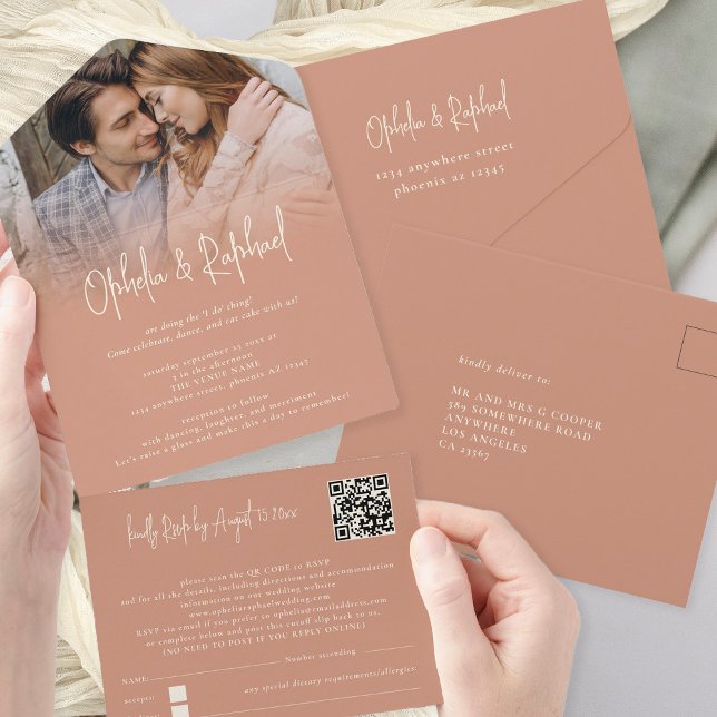 Rustic Photo Overlay QR Code Terracotta Wedding All In One Invitation (All in One Invitation and RSVP with optional recipient name and address)