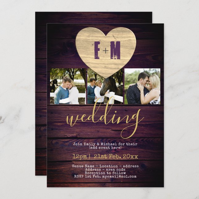 Rustic PHOTO Wedding Invitations Purple Gold (Front/Back)