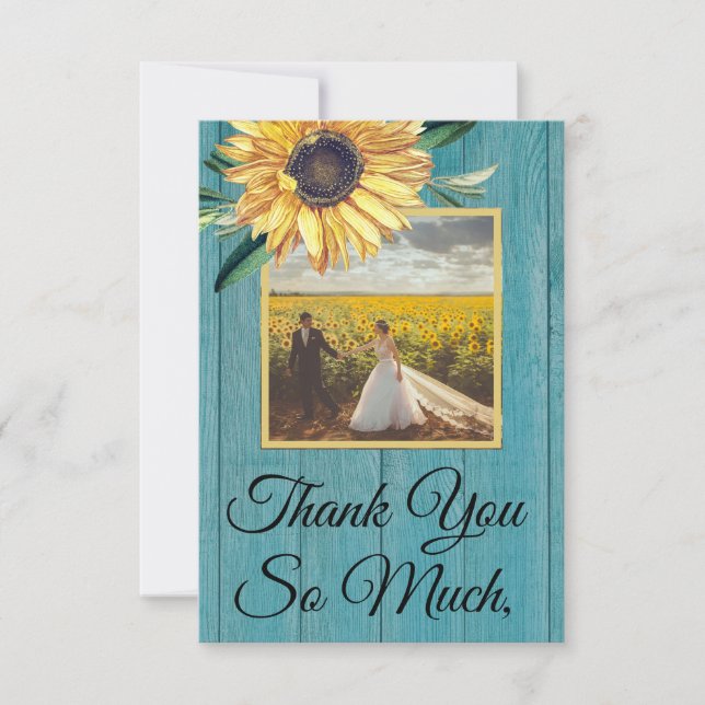 Rustic Photo Yellow Sunflower  Blue Barn Wood Thank You Card (Front)