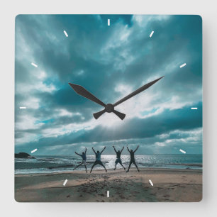 Rustic Pictures Family Photo Collage  Square Wall Clock