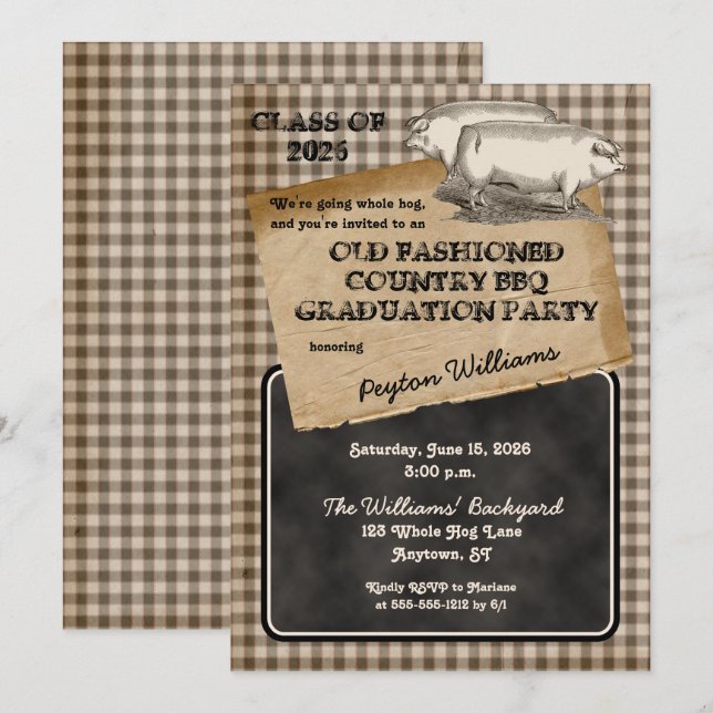 Rustic Pig Roast Backyard BBQ Graduation Party Invitation (Front/Back)