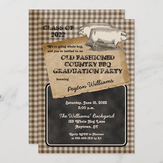 Rustic Pig Roast Backyard BBQ Graduation Party Invitation (Front/Back)