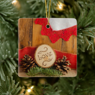 Rustic Pine and Red Lace Winter Woodland Wedding Ceramic Ornament
