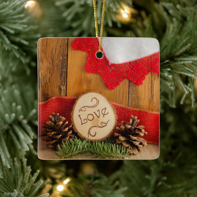 Rustic Pine and Red Lace Winter Woodland Wedding Ceramic Ornament (Tree)