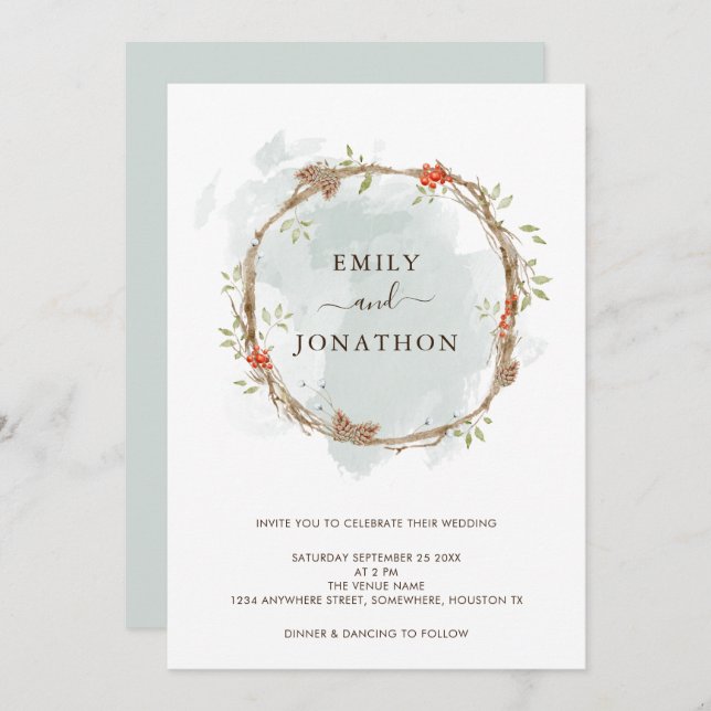 Rustic Pine Berries Christmas Wedding Invitation (Front/Back)