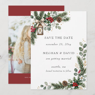 Rustic Pine Berries Winter Christmas Photo Save The Date