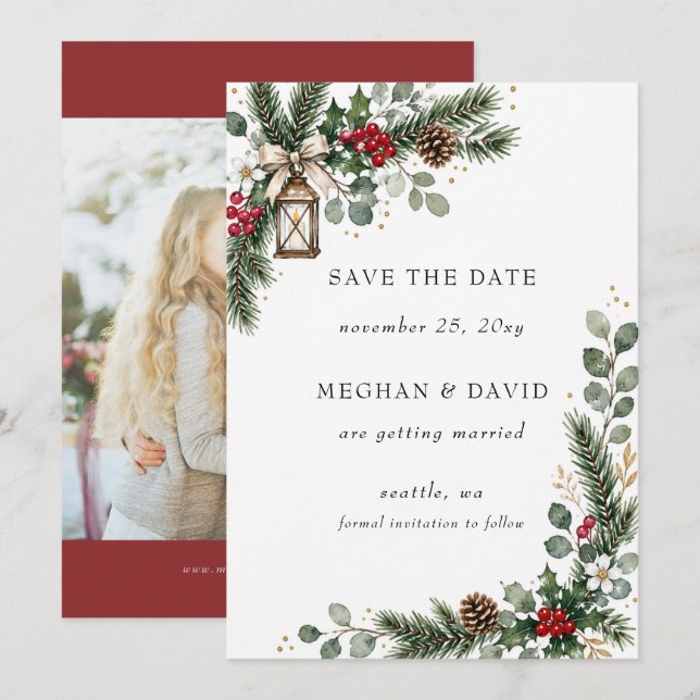 Rustic Pine Berries Winter Christmas Photo Save The Date (Front/Back)