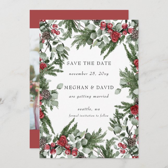 Rustic Pine Berries Winter Christmas Photo Save The Date (Front/Back)
