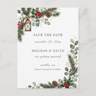 Rustic Pine Berries Winter Christmas Save the Date Announcement Postcard