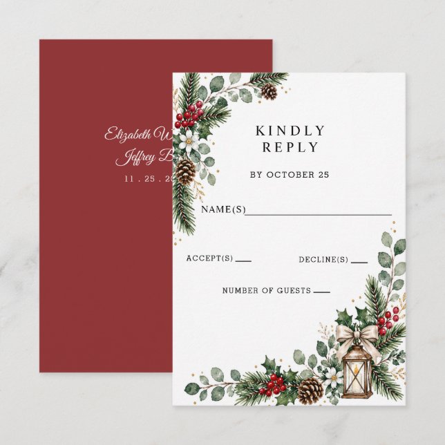 Rustic Pine Berries Winter Christmas Wedding RSVP Card (Front/Back)