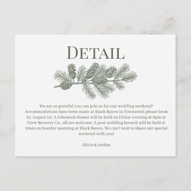 Rustic Pine Branch Greenery Wedding Details Card (Front)
