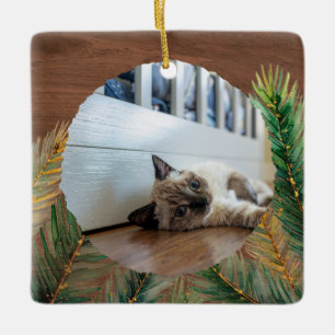 Rustic Pine Branch Pet's First Christmas Keepsake Ceramic Ornament