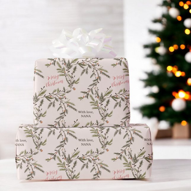 Rustic Pine Branches Holiday pink Merry Christmas Wrapping Paper (Rustic Pine Branches Holiday pink Merry Christmas Wrapping Paper)