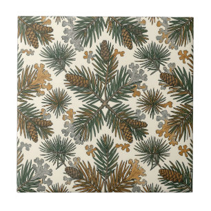 Rustic Pine Branches Pinecones Woodland Pattern Ceramic Tile