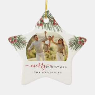 Rustic Pine Christmas Modern Photo Star Ceramic Ornament