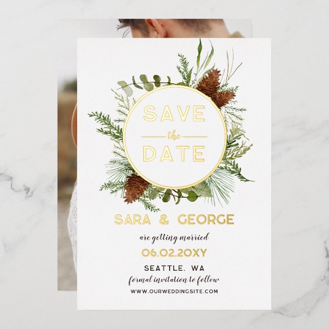 Rustic Pine Cone Fir Branches Photo Save The Date  (Front/Back)